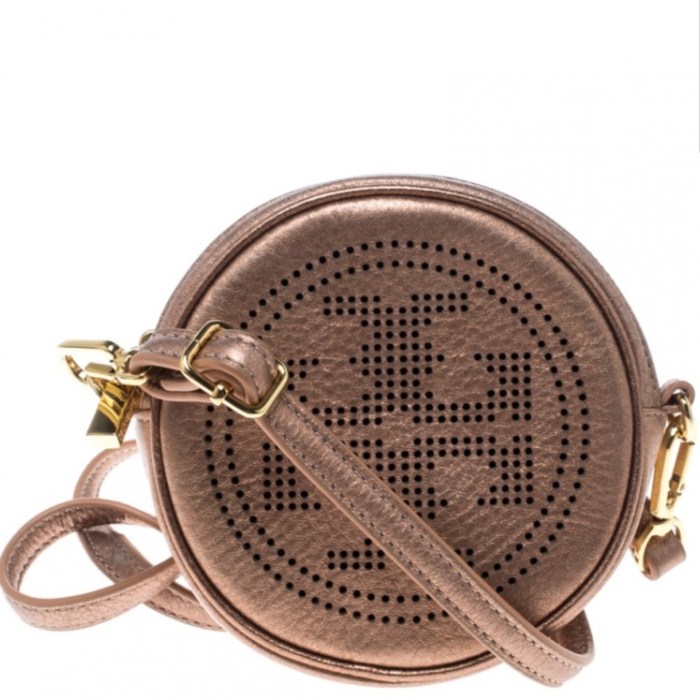 Tory Burch Metallic Beige/Rose Leather Logo Round Crossbody Bag